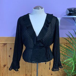 Dynamite Sheer Long Sleeve Polka Dot Wrap Blouse
